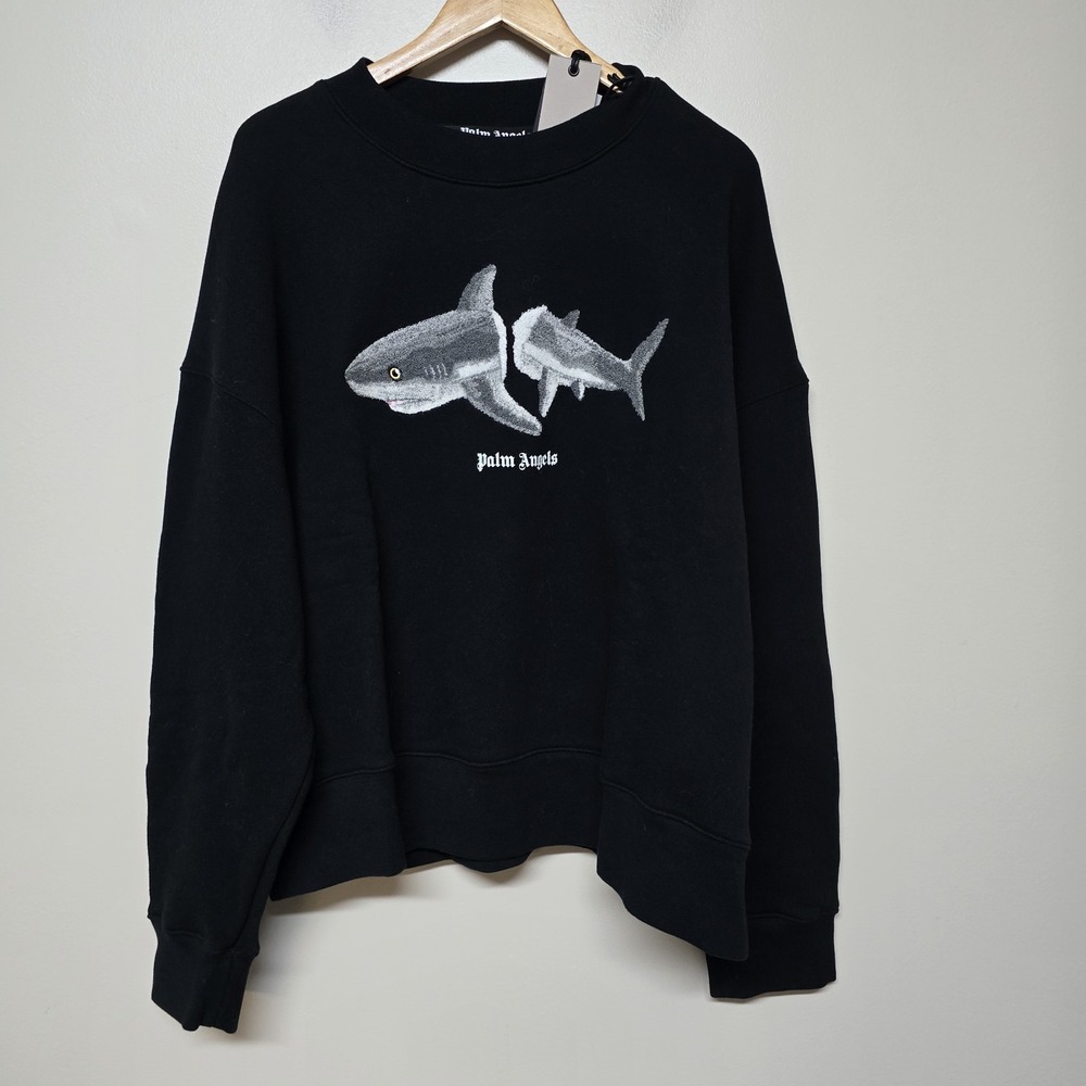 🆕PALM ANGELS Italy BROKEN SHARK 100% Cotton Men's Crewneck Sweatshirt XL Black